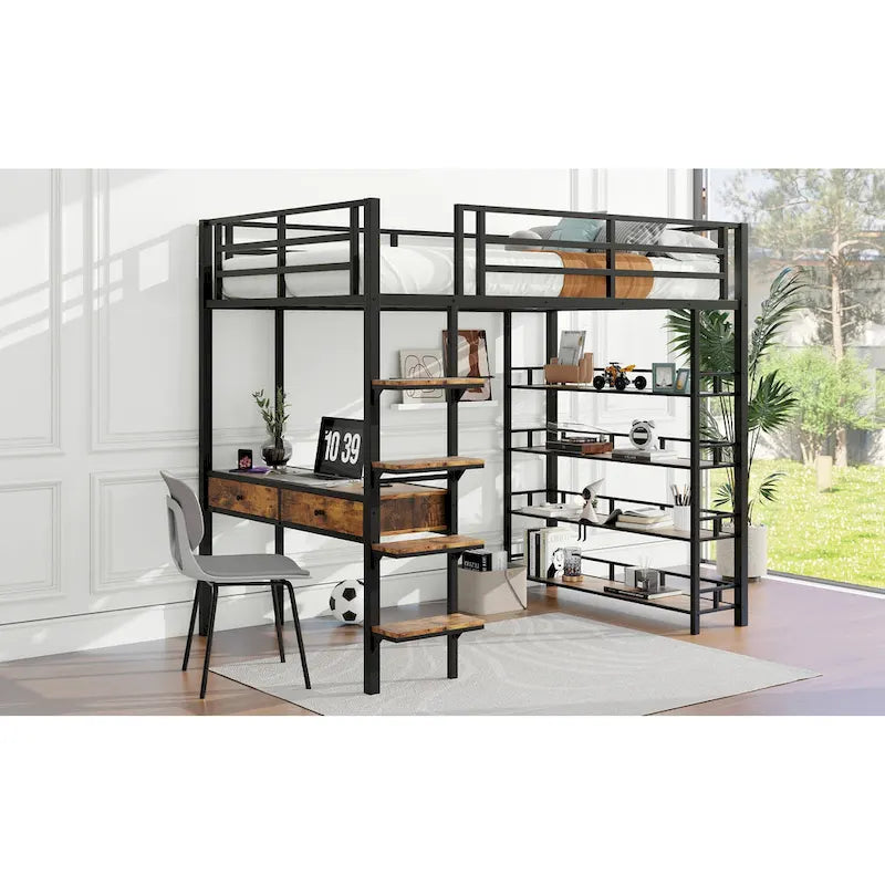 Metal Loft Bed with Desk, Ladder, Fence, and Shelves for Kids