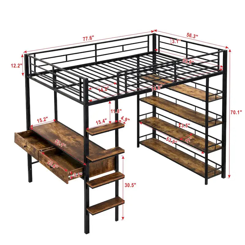 Metal Loft Bed with Desk, Ladder, Fence, and Shelves for Kids