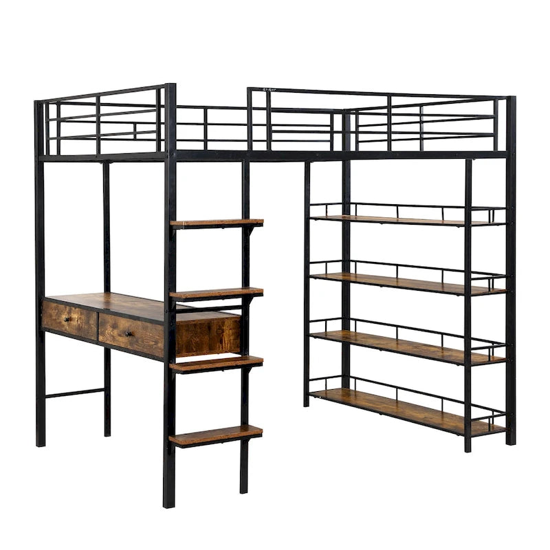 Metal Loft Bed with Desk, Ladder, Fence, and Shelves for Kids