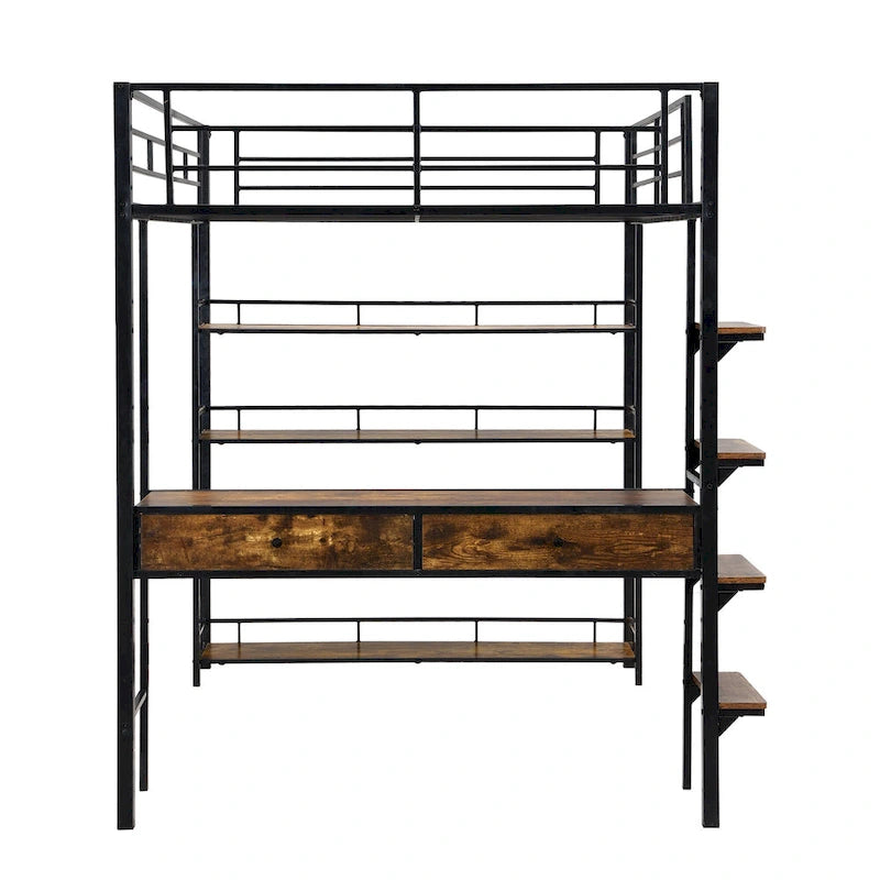 Metal Loft Bed with Desk, Ladder, Fence, and Shelves for Kids