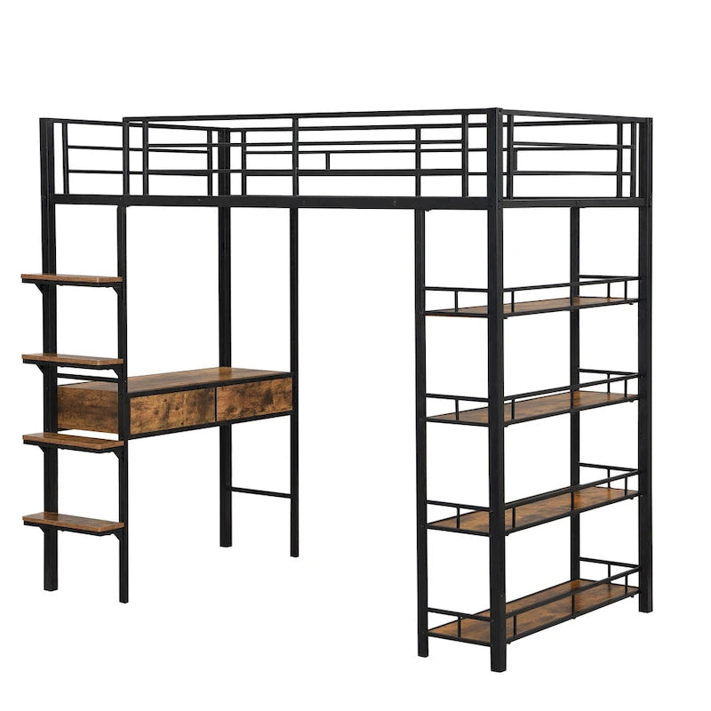 Metal Loft Bed with Desk, Ladder, Fence, and Shelves for Kids
