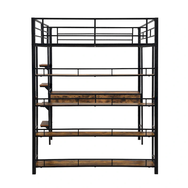 Metal Loft Bed with Desk, Ladder, Fence, and Shelves for Kids
