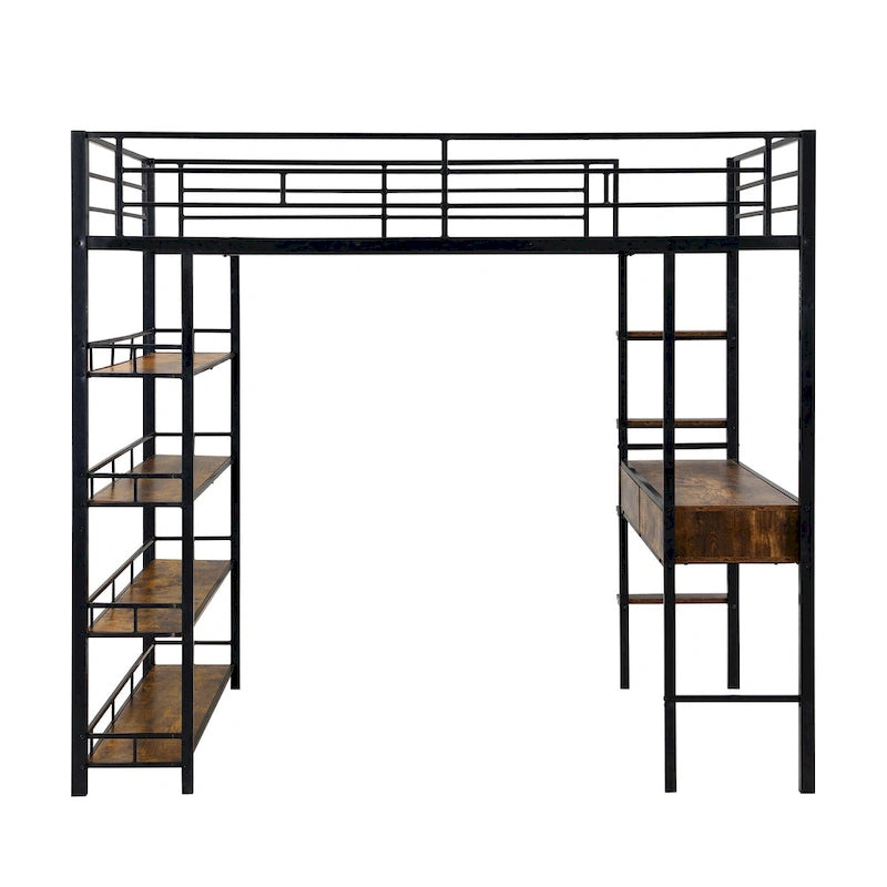 Metal Loft Bed with Desk, Ladder, Fence, and Shelves for Kids
