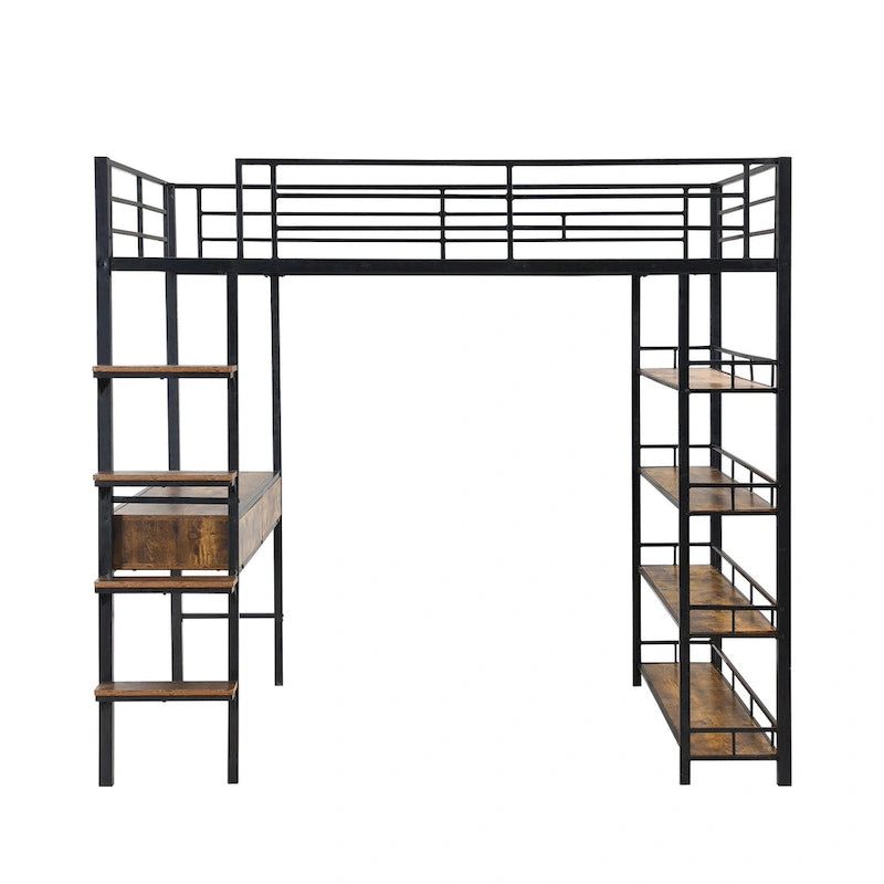 Metal Loft Bed with Desk, Ladder, Fence, and Shelves for Kids