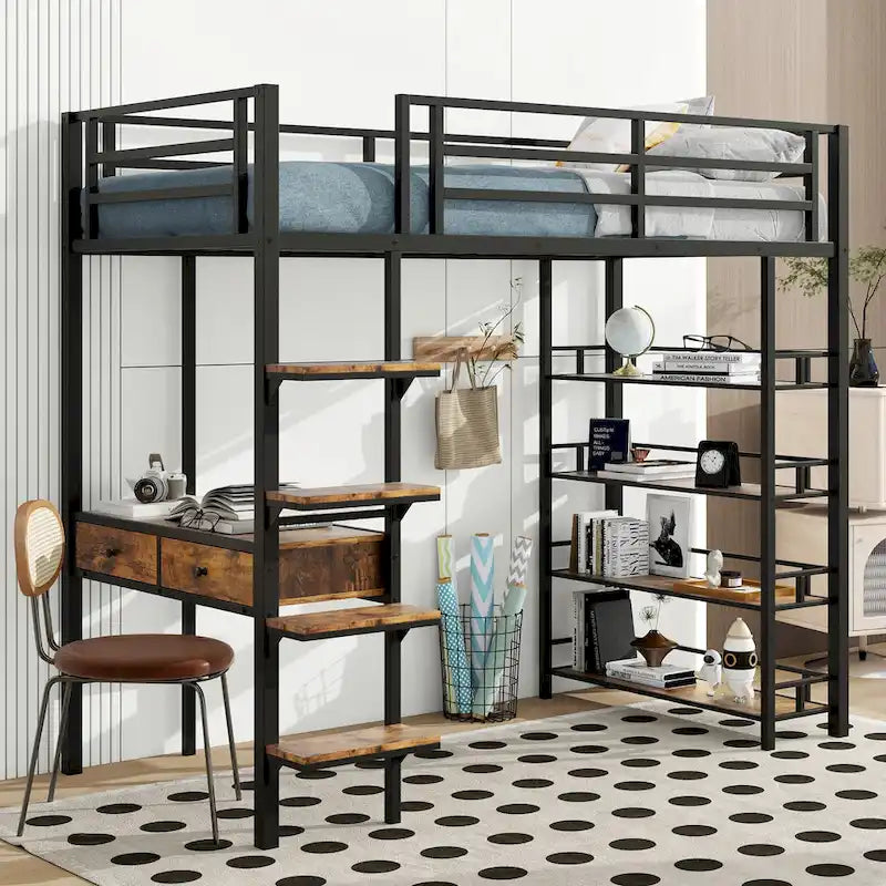 Metal Loft Bed with Desk, Ladder, Fence, and Shelves for Kids
