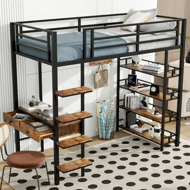 Metal Loft Bed with Desk, Ladder, Fence, and Shelves for Kids