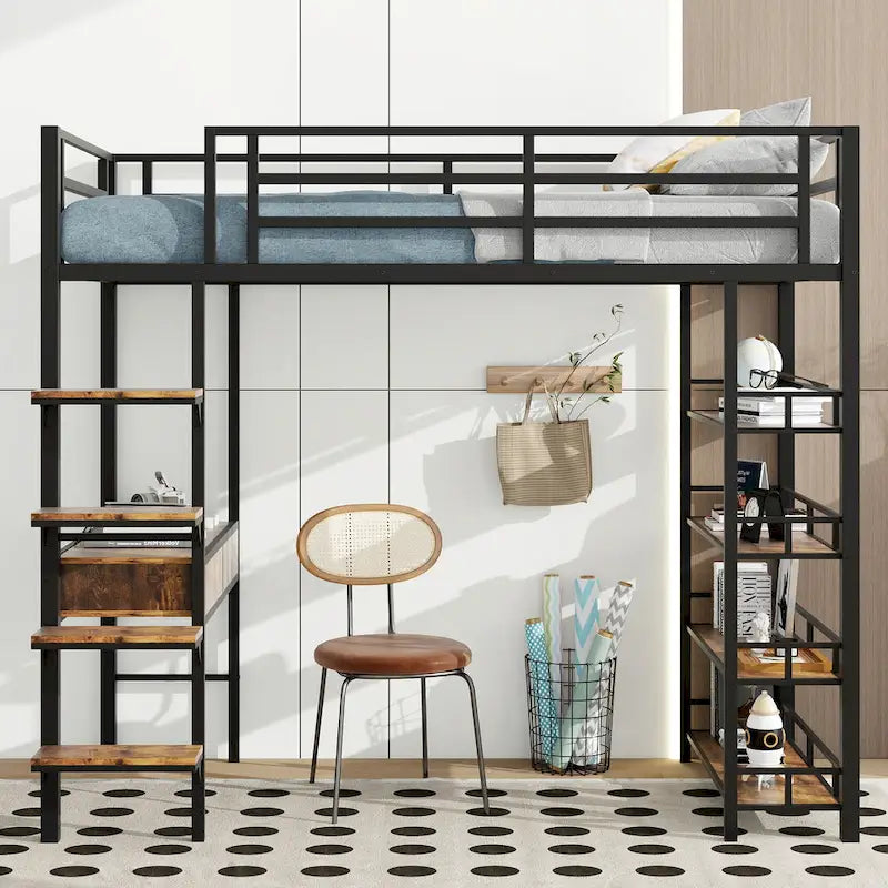 Metal Loft Bed with Desk, Ladder, Fence, and Shelves for Kids