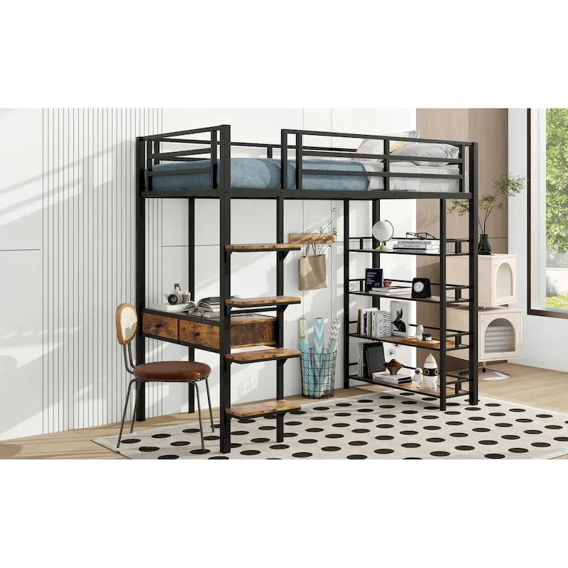 Metal Loft Bed with Desk, Ladder, Fence, and Shelves for Kids