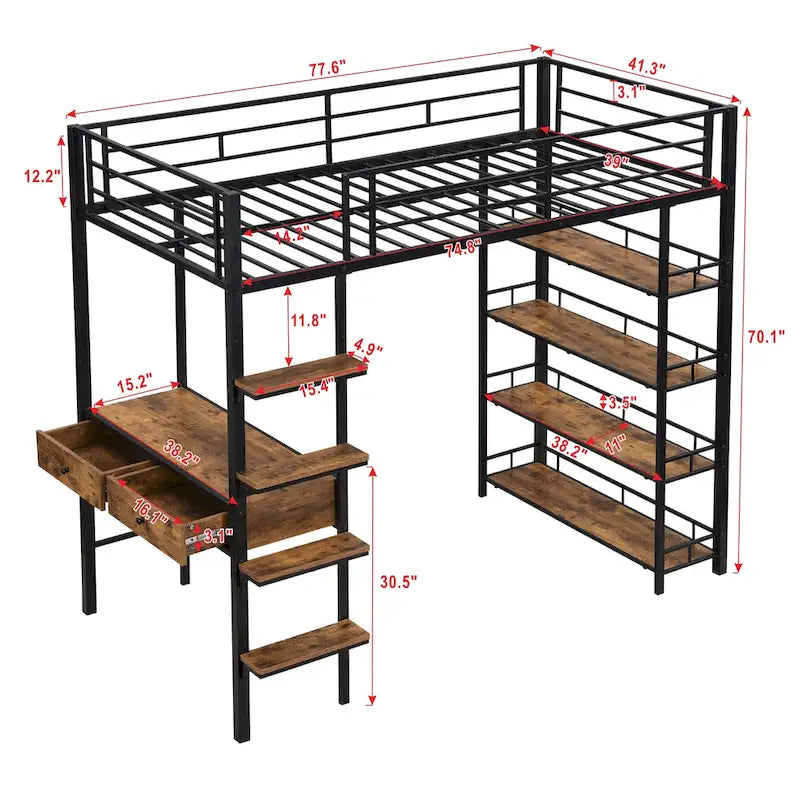 Metal Loft Bed with Desk, Ladder, Fence, and Shelves for Kids
