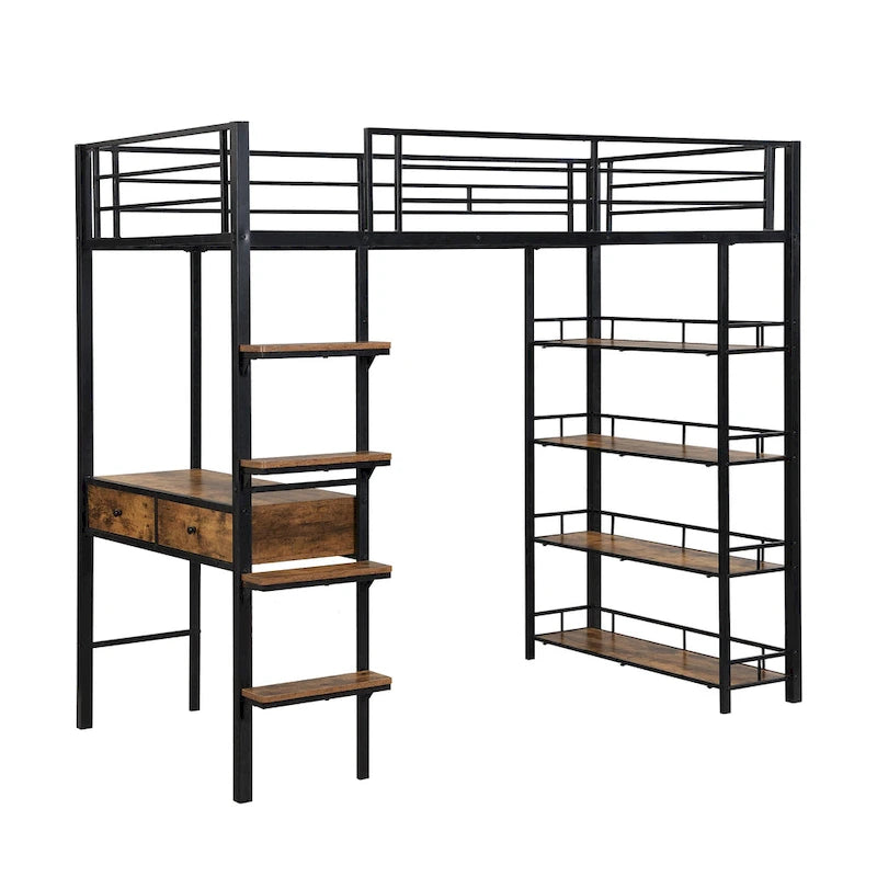 Metal Loft Bed with Desk, Ladder, Fence, and Shelves for Kids