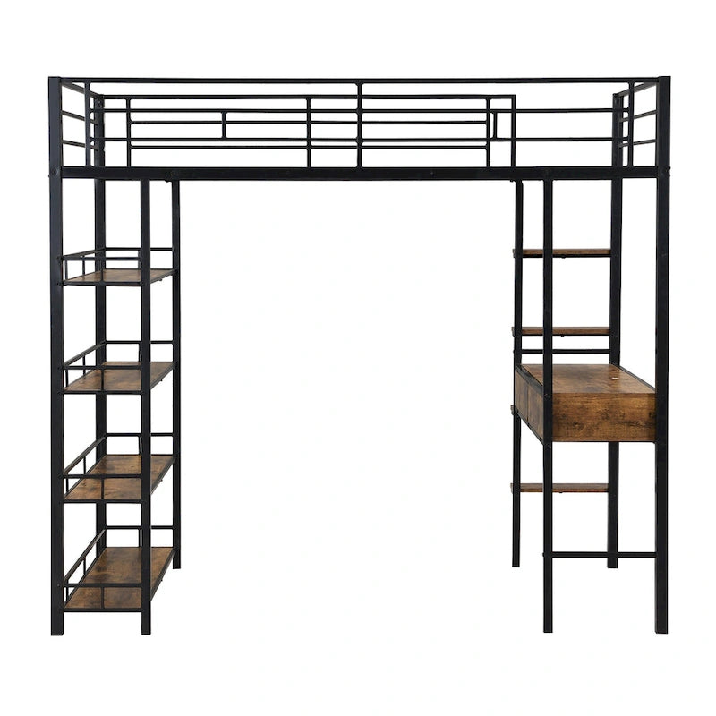 Metal Loft Bed with Desk, Ladder, Fence, and Shelves for Kids