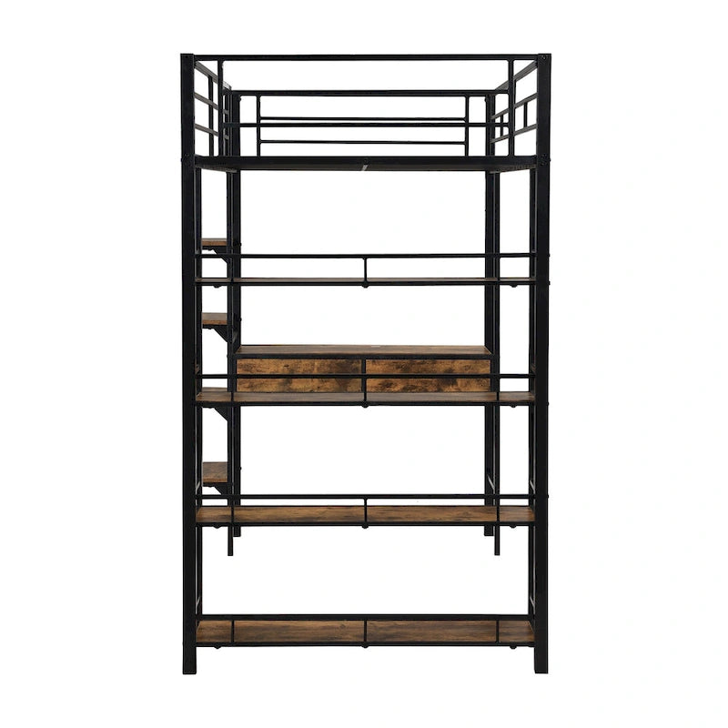 Metal Loft Bed with Desk, Ladder, Fence, and Shelves for Kids