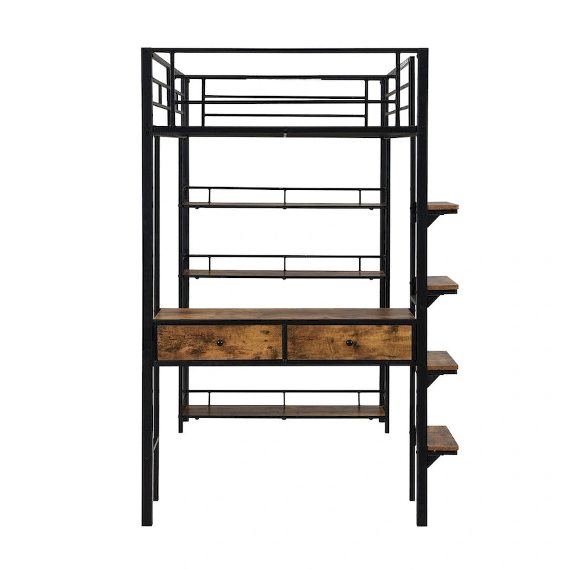 Metal Loft Bed with Desk, Ladder, Fence, and Shelves for Kids