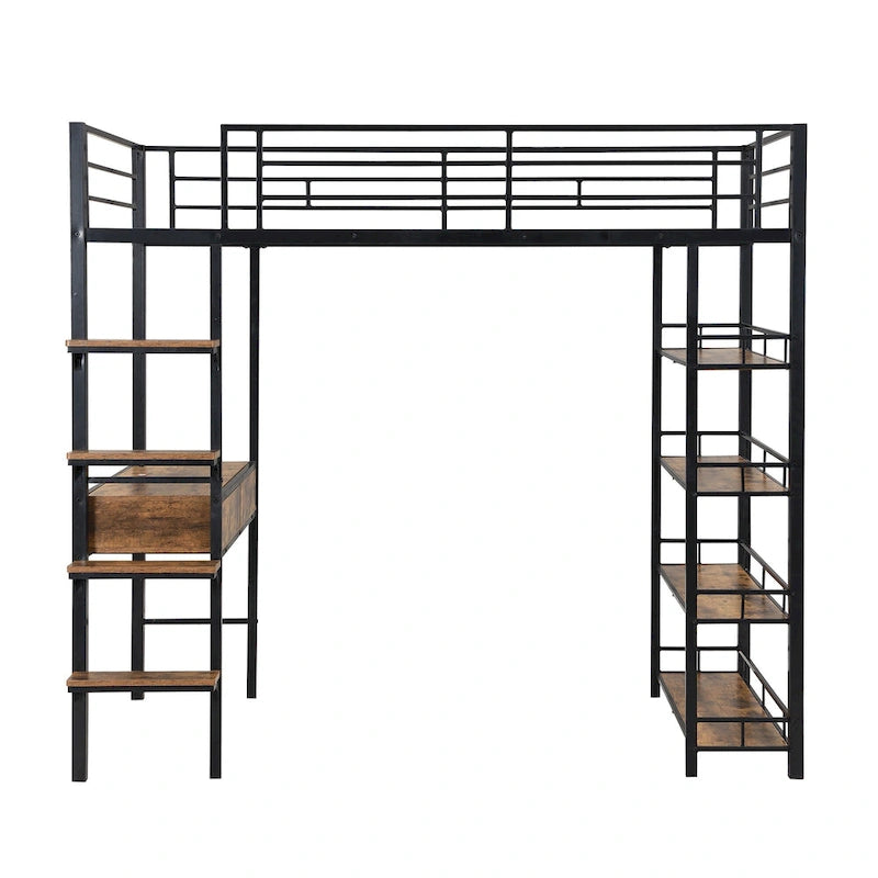 Metal Loft Bed with Desk, Ladder, Fence, and Shelves for Kids