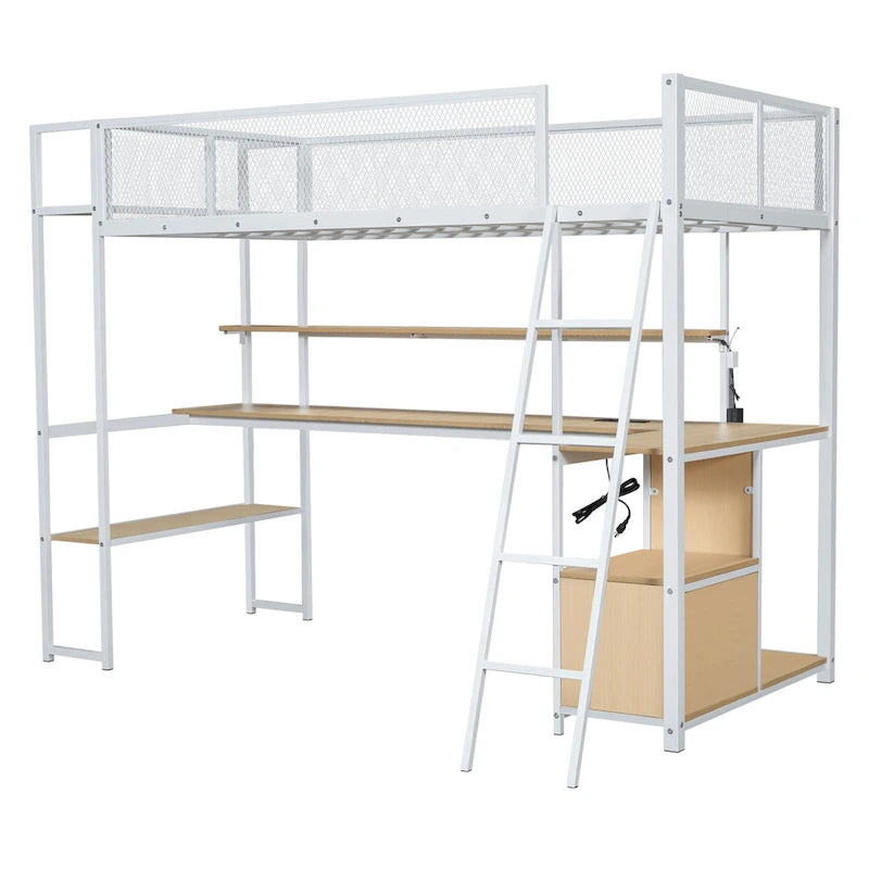Twin Size Metal Loft Bed with LED Workstation & Smart Storage (350lb Capacity)