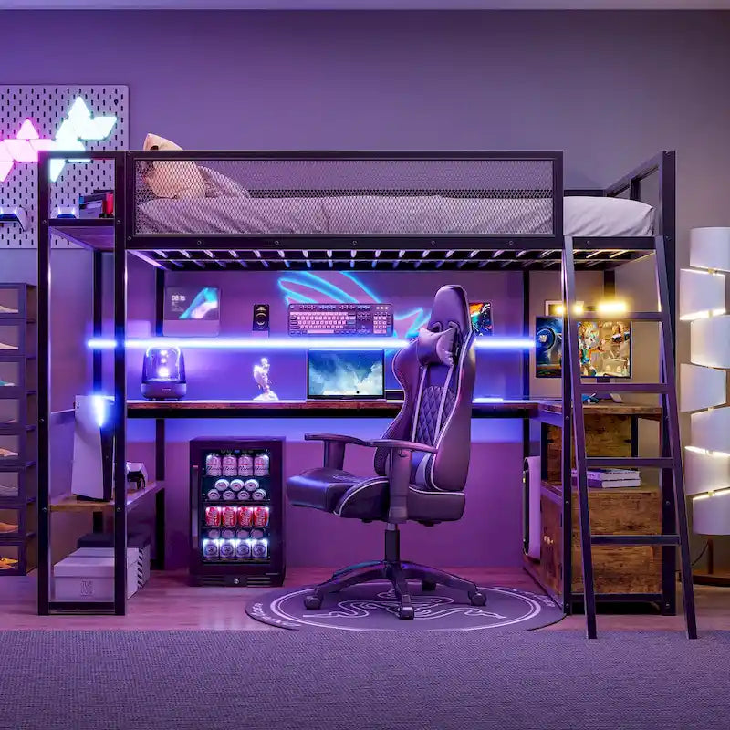 Twin Size Metal Loft Bed with LED Workstation & Smart Storage (350lb Capacity)