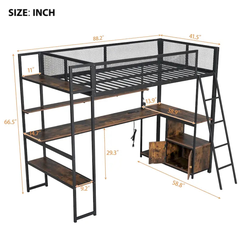 Twin Size Metal Loft Bed with LED Workstation & Smart Storage (350lb Capacity)