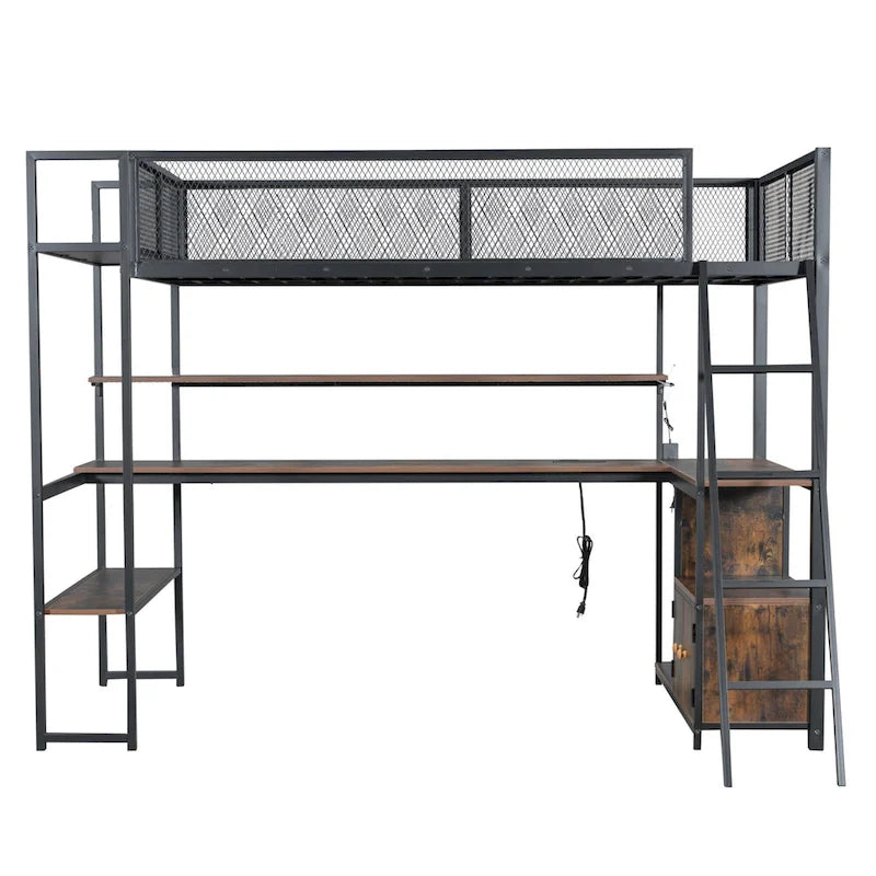 Twin Size Metal Loft Bed with LED Workstation & Smart Storage (350lb Capacity)