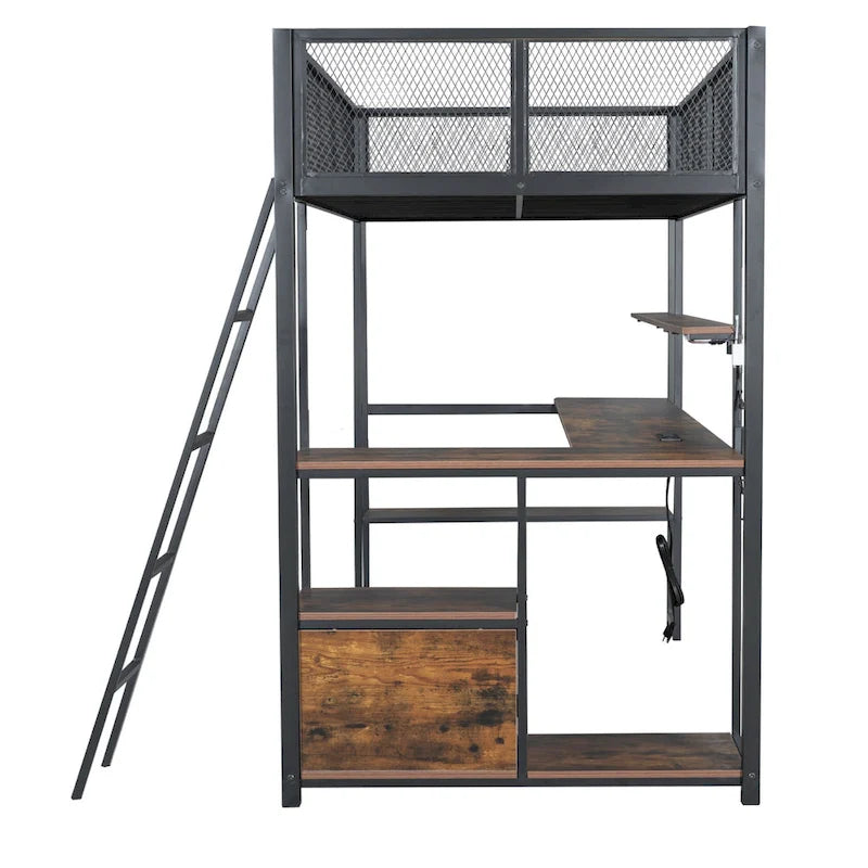 Twin Size Metal Loft Bed with LED Workstation & Smart Storage (350lb Capacity)