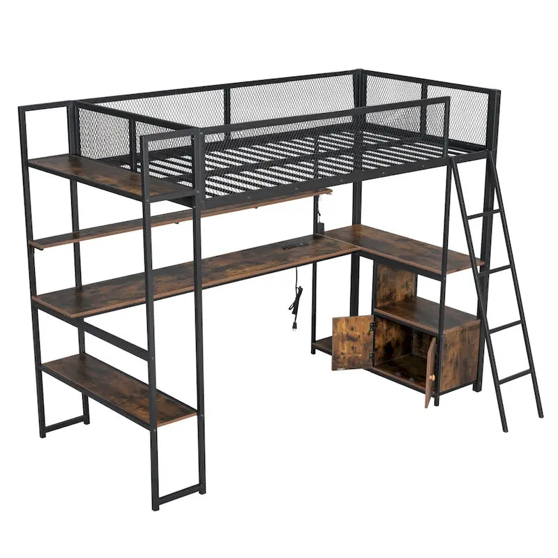 Twin Size Metal Loft Bed with LED Workstation & Smart Storage (350lb Capacity)
