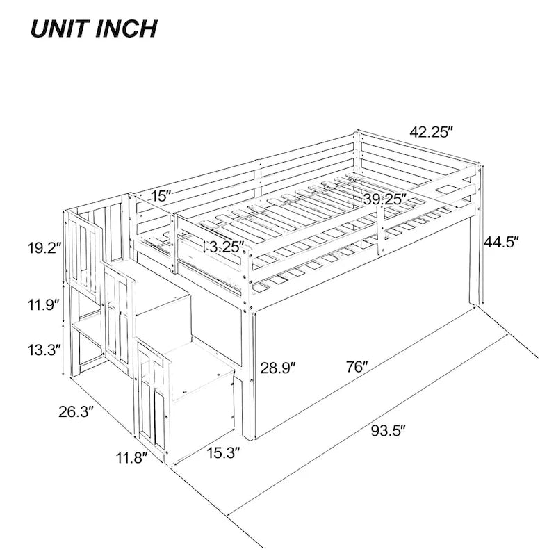 Twin Size Pine Wood Loft Bed with Staircase