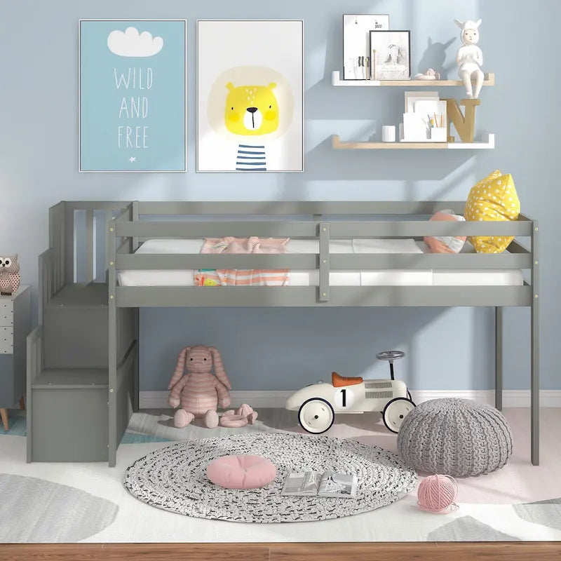 Twin Size Pine Wood Loft Bed with Staircase