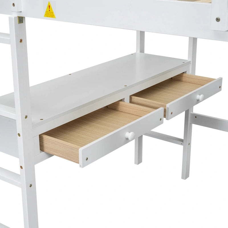 Full Size Pine Wood Loft Bed with Built-in Desk with Two Drawers, and Storage Shelves and Drawers