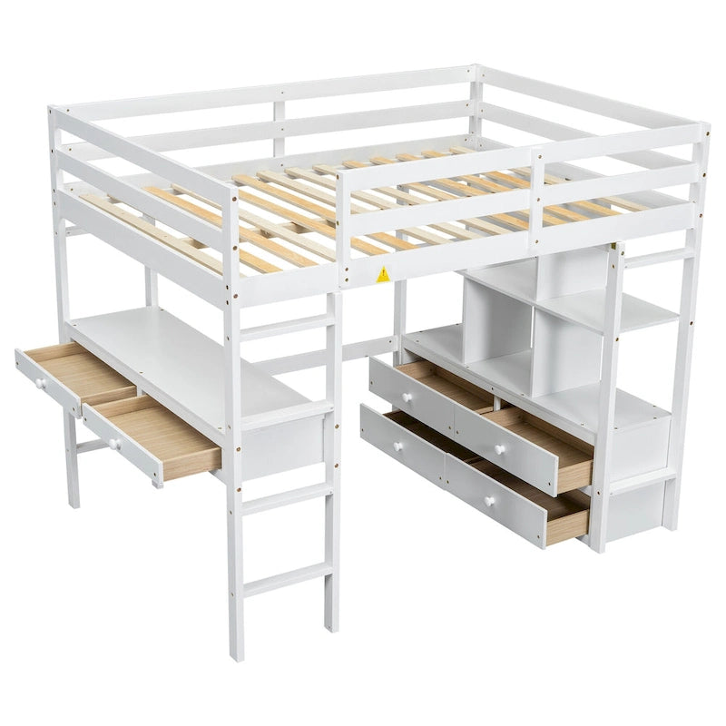 Full Size Pine Wood Loft Bed with Built-in Desk with Two Drawers, and Storage Shelves and Drawers