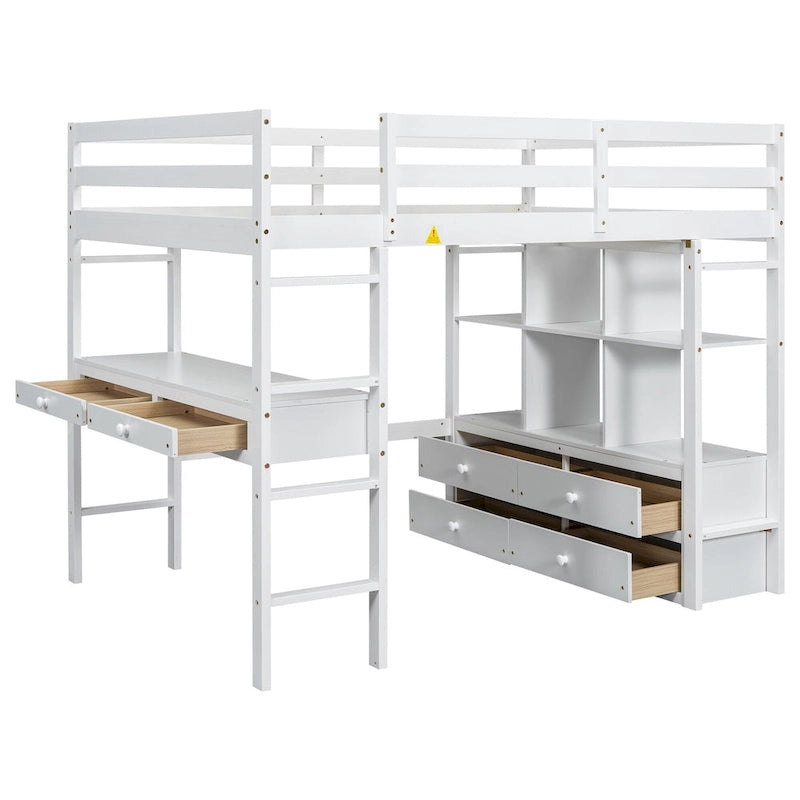 Full Size Pine Wood Loft Bed with Built-in Desk with Two Drawers, and Storage Shelves and Drawers