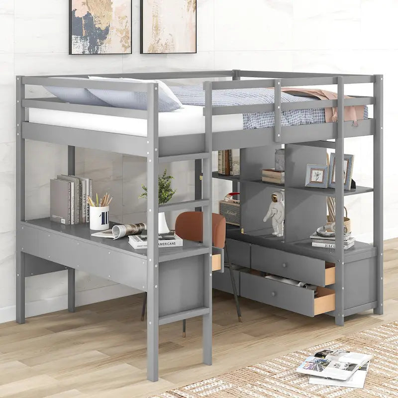 Full Size Pine Wood Loft Bed with Built-in Desk with Two Drawers, and Storage Shelves and Drawers