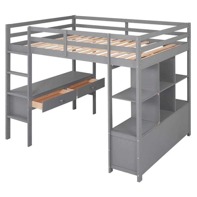 Full Size Pine Wood Loft Bed with Built-in Desk with Two Drawers, and Storage Shelves and Drawers