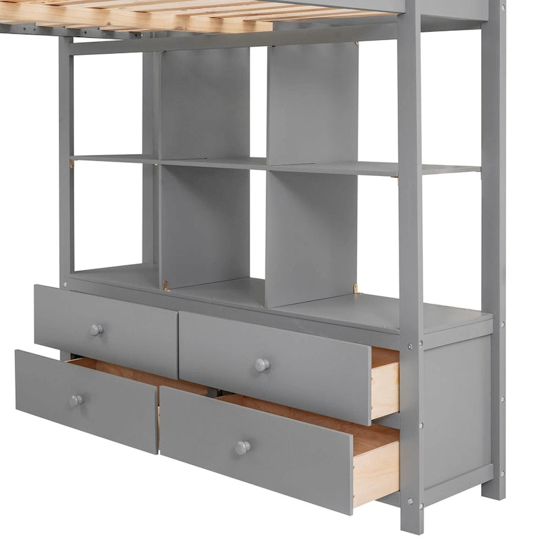 Full Size Pine Wood Loft Bed with Built-in Desk with Two Drawers, and Storage Shelves and Drawers