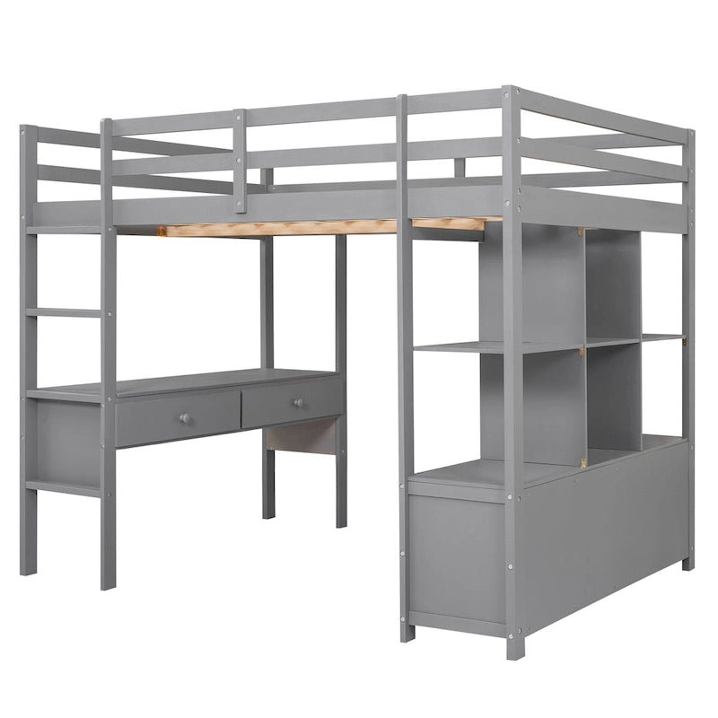 Full Size Pine Wood Loft Bed with Built-in Desk with Two Drawers, and Storage Shelves and Drawers