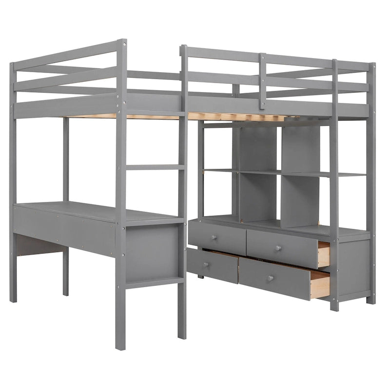 Full Size Pine Wood Loft Bed with Built-in Desk with Two Drawers, and Storage Shelves and Drawers