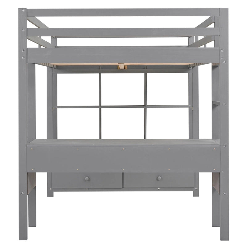 Full Size Pine Wood Loft Bed with Built-in Desk with Two Drawers, and Storage Shelves and Drawers