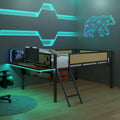 Full Size Metal Loft Bed with Rectangular Desk, LED lights, Storage Shelves and Hanging Storage Compartments