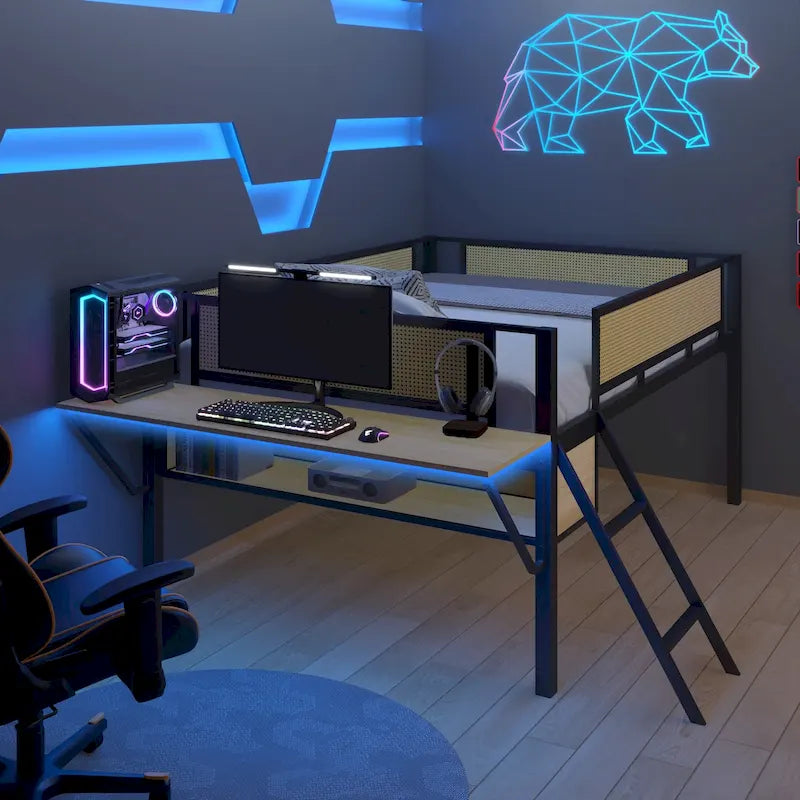 Full Size Metal Loft Bed with Rectangular Desk, LED lights, Storage Shelves and Hanging Storage Compartments