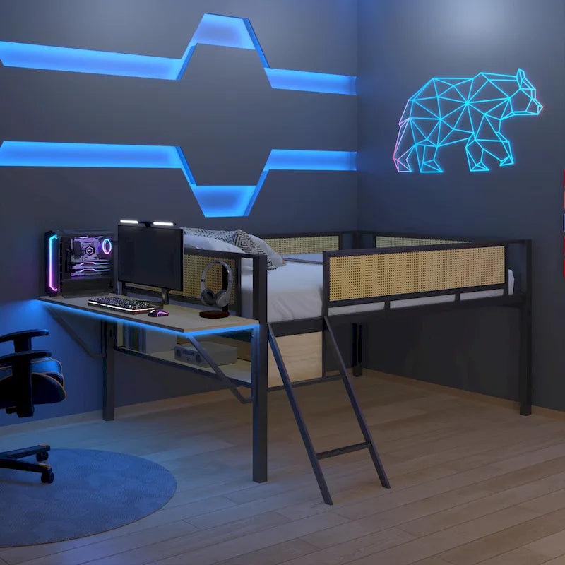 Full Size Metal Loft Bed with Rectangular Desk, LED lights, Storage Shelves and Hanging Storage Compartments