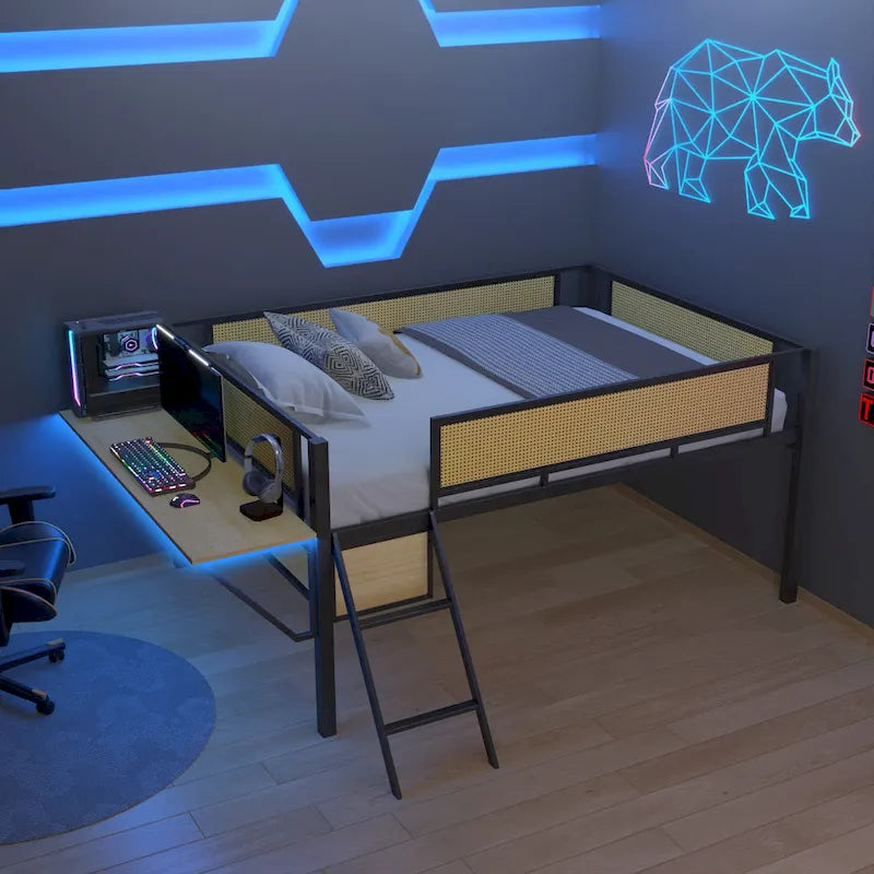 Full Size Metal Loft Bed with Rectangular Desk, LED lights, Storage Shelves and Hanging Storage Compartments
