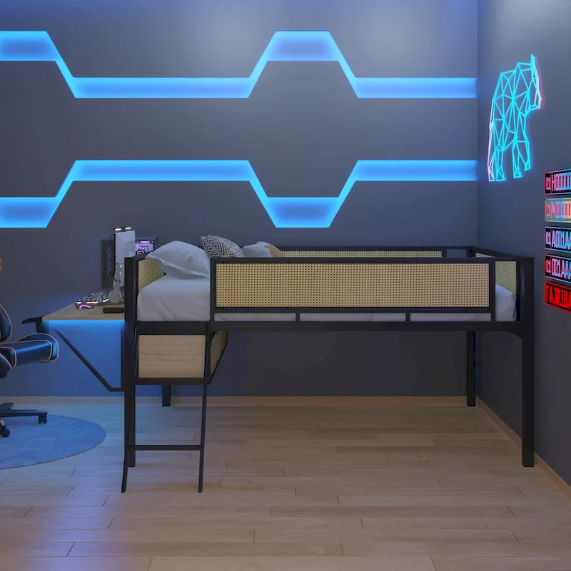 Full Size Metal Loft Bed with Rectangular Desk, LED lights, Storage Shelves and Hanging Storage Compartments