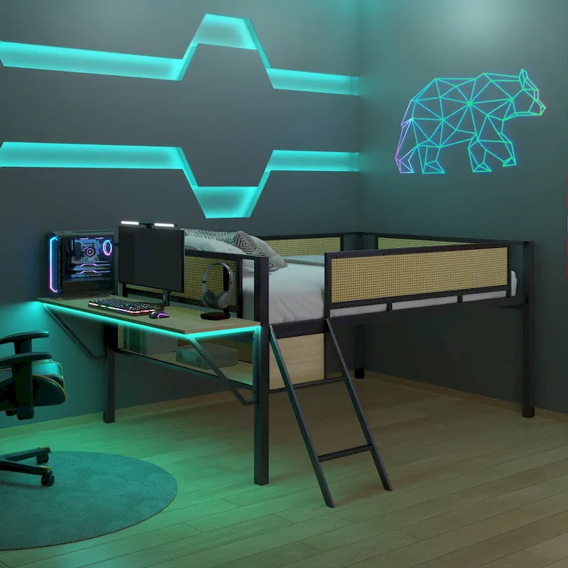 Full Size Metal Loft Bed with Rectangular Desk, LED lights, Storage Shelves and Hanging Storage Compartments