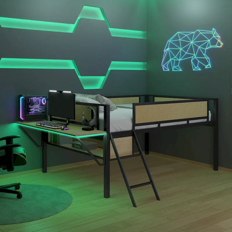 Full Size Metal Loft Bed with Rectangular Desk, LED lights, Storage Shelves and Hanging Storage Compartments