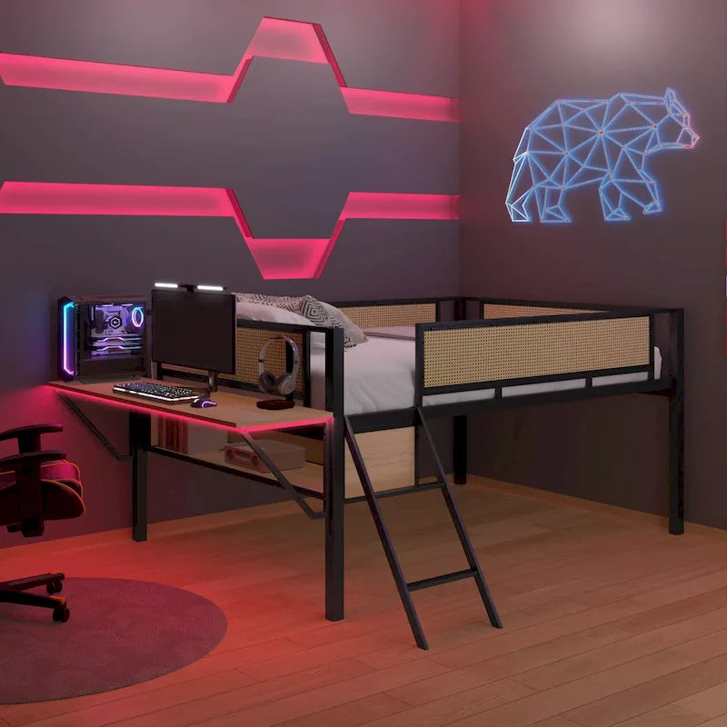 Full Size Metal Loft Bed with Rectangular Desk, LED lights, Storage Shelves and Hanging Storage Compartments