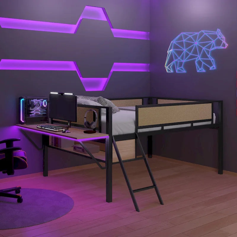 Full Size Metal Loft Bed with Rectangular Desk, LED lights, Storage Shelves and Hanging Storage Compartments