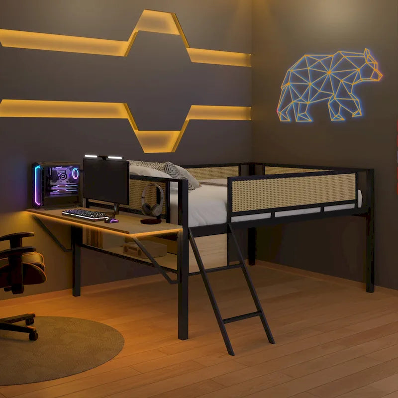 Full Size Metal Loft Bed with Rectangular Desk, LED lights, Storage Shelves and Hanging Storage Compartments