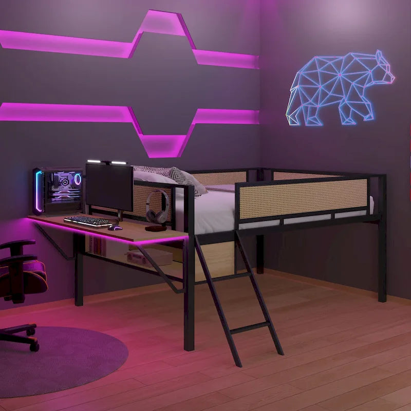 Full Size Metal Loft Bed with Rectangular Desk, LED lights, Storage Shelves and Hanging Storage Compartments
