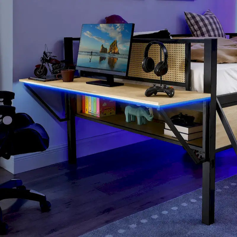 Full Size Metal Loft Bed with Rectangular Desk, LED lights, Storage Shelves and Hanging Storage Compartments