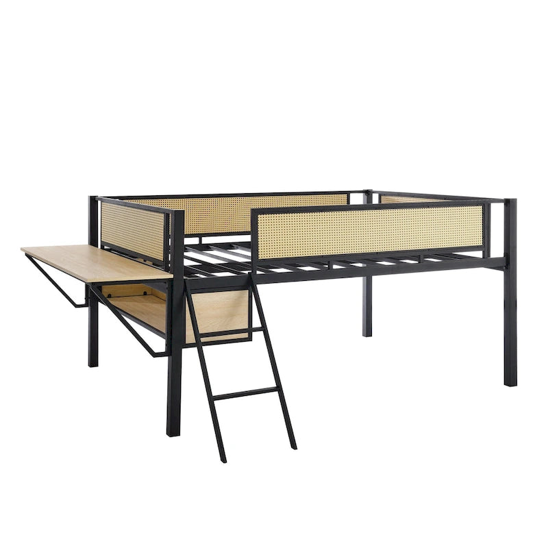 Full Size Metal Loft Bed with Rectangular Desk, LED lights, Storage Shelves and Hanging Storage Compartments
