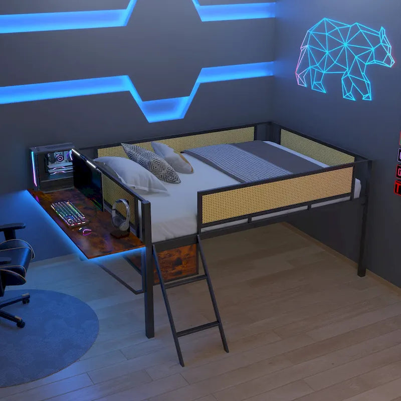 Full Size Metal Loft Bed with Rectangular Desk, LED lights, Storage Shelves and Hanging Storage Compartments