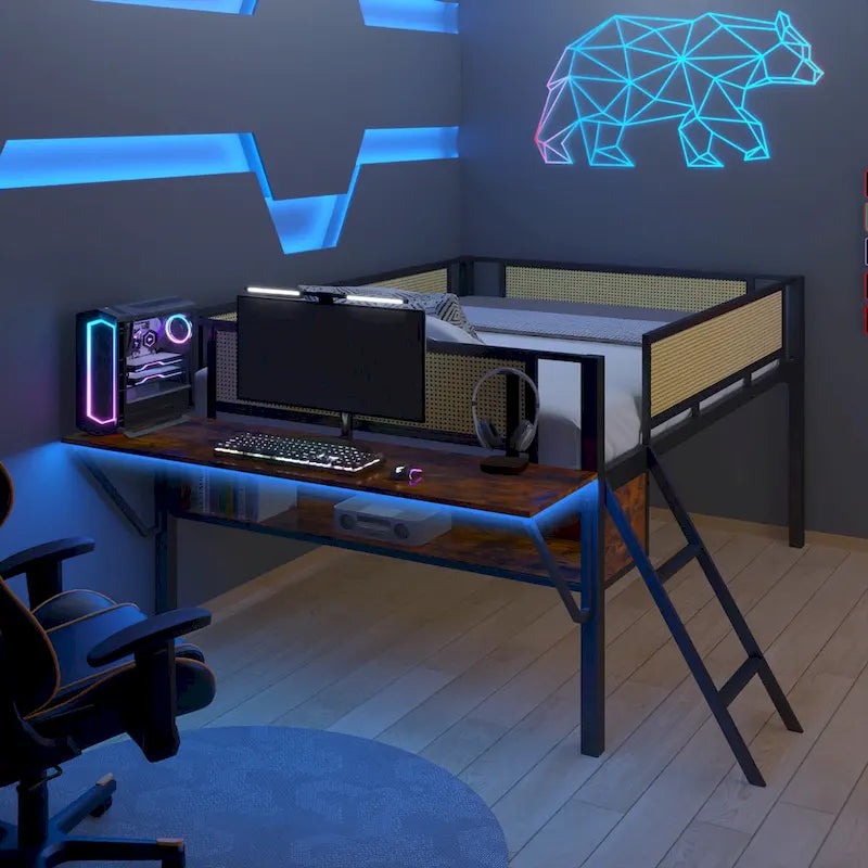 Full Size Metal Loft Bed with Rectangular Desk, LED lights, Storage Shelves and Hanging Storage Compartments